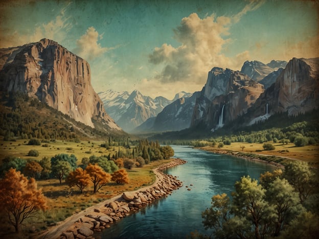 Auf dem Bild ist eine malerische Landschaft mit majestätischen Bergen, einem ruhigen Fluss und einer üppigen Wiesenfläche zu sehen. Diese Art von Szene könnte im Yosemite-Nationalpark in Kalifornien sein, bekannt für seine beeindruckenden Granitfelsen, Wasserfälle und vielfältigen Wanderwege.

In der Umgebung könnten folgende Aktivitäten und Sehenswürdigkeiten genossen werden:

1. **Yosemite Falls**: Die höchsten Wasserfälle in Nordamerika, besonders spektakulär im Frühling, wenn die Schneeschmelze den Wasserfluss erhöht.

2. **Ansel Adams Gallery**: Ein Ort, um die beeindruckenden Fotografien des berühmten Fotografen zu bewundern, der für seine Landschaftsbilder von Yosemite bekannt ist.

3. **Wandern**: Zahlreiche Wanderwege, darunter der Aufstieg zum Half Dome oder die Wanderung zum Glacier Point, bieten atemberaubende Ausblicke.

4. **Wildtierbeobachtungen**: Der Park beherbergt eine Vielzahl an Tieren, darunter Schwarzbären, Elche und viele Vogelarten.

5. **Fotografie**: Die beeindruckende Natur bietet zahlreiche Gelegenheiten für Natur- und Landschaftsfotografie. 

Einziger Nachteil dieser wunderschönen Umgebung kann die hohe Besucherzahl während der Hauptsaison sein.