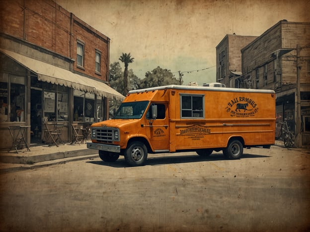 Auf dem Bild ist ein orangener Food Truck zu sehen, der auf einer Straße geparkt ist. Solche Food Trucks sind ein beliebter Teil der kulinarischen Erlebnisse in San Francisco, wo man ein breites Spektrum an verschiedenen internationalen Küchen genießen kann. Die Atmosphäre um den Truck herum, mit Tischen und Stühlen im Freien, lädt dazu ein, die leckeren Speisen in guter Gesellschaft zu genießen. In San Francisco findet man oft kreative und köstliche Gerichte, die von lokalen Köchen angeboten werden.