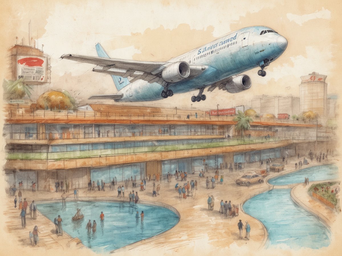 Ein großes Flugzeug hebt ab und fliegt über ein modernes Gebäude mit mehreren Etagen. Im Vordergrund sind Menschen versammelt, einige stehen am Rand eines Pools, während andere im Wasser planschen. Rund um den Pool gibt es Bäume und Pflanzen. Im Hintergrund sind weitere Gebäude sowie Werbeschilder zu sehen, die eine städtische Umgebung andeuten. Der Himmel ist hell und hat einen sanften Farbverlauf.