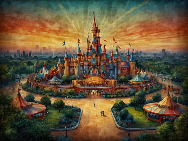 Auf dem Bild ist eine malerische Darstellung eines Vergnügungsparks zu sehen, der an den berühmten Disneyland-Park erinnert. Im Vordergrund dominiert ein eindrucksvolles Schloss, das typische Merkmale von Disney-Motiven aufweist, umgeben von bunten Fahrgeschäften und einem gepflegten Gartenbereich. Die Szenerie strahlt eine nostalgische und magische Atmosphäre aus, die an die bekanntesten Vergnügungsparks der Welt erinnert, wie Disneyland in Kalifornien oder Disney World in Florida. Der Sonnenuntergang im Hintergrund verstärkt das märchenhafte Ambiente des Bildes.