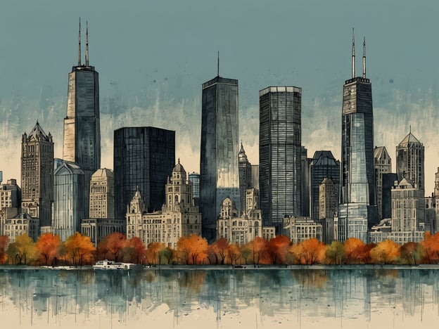 Auf dem Bild ist eine stilisierte Darstellung der Skyline von Chicago zu sehen. Die Architektur zeigt eine Mischung aus verschiedenen Bauformen und Stilen, die typisch für die Stadt sind, darunter moderne Wolkenkratzer und historische Gebäude. Der Fluss, der im Vordergrund dargestellt wird, spiegelt die bunten Bäume wider, was eine herbstliche Atmosphäre schafft. Chicago ist bekannt für seine architektonischen Meisterwerke wie das Willis Tower (ehemals Sears Tower) und die innovative Nutzung von Glas und Stahl in seinen höhere Gebäude, die das Stadtbild prägen. Die Kombination aus Tradition und Modernität macht Chicago zu einem besonderen Ort in der Architekturgeschichte.