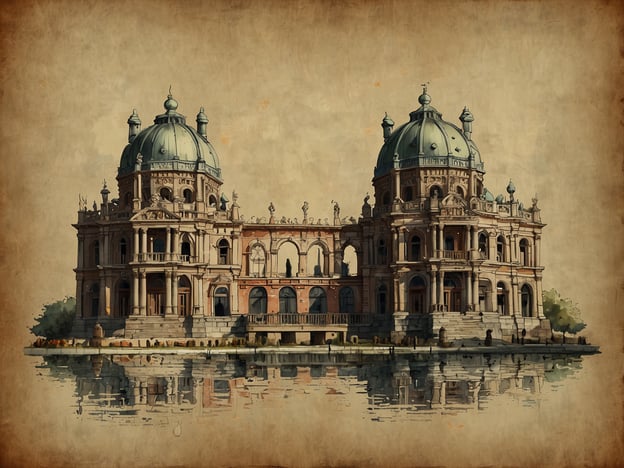 Auf dem Bild ist ein prächtiges, historisches Gebäude mit einer markanten Architektur und zwei Kuppeln zu sehen. Es scheint sich um ein kunstvoll gestaltetes Bauwerk zu handeln, das möglicherweise eine Wasserfläche vor sich hat, die seine Fassade widerspiegelt. 

Ein Bezug zu Washington D.C. könnte die Architektur des Kapitols oder des Jefferson Memorials sein, die ebenfalls eindrucksvoll und historisch bedeutsam sind, jedoch kann ich anhand dieses Bildes nicht sicher sagen, um welches Gebäude es sich handelt. Washington D.C. ist bekannt für seine monumentalen Gebäude, die oft mit einer tiefen Geschichte und symbolischer Bedeutung verbunden sind.