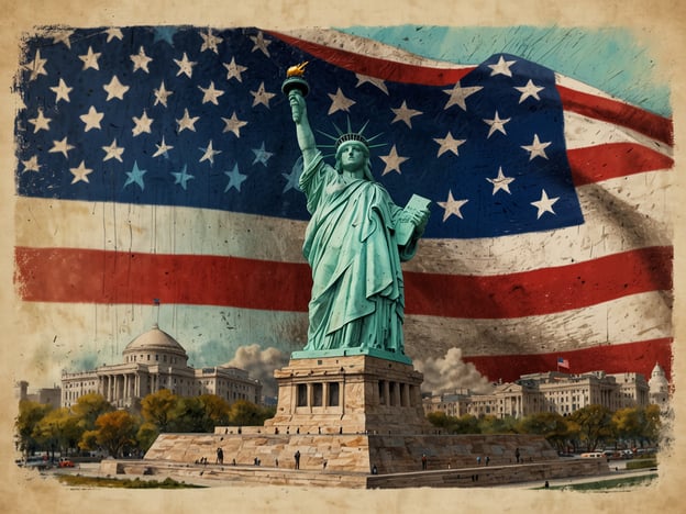 Auf dem Bild ist die Freiheitsstatue zu sehen, ein bekanntes Symbol für Freiheit und Demokratie. Im Hintergrund ist die Flagge der USA sowie eine Architektur zu erkennen, die möglicherweise zu einem politischen Zentrum der USA gehört. Die Szene vermittelt ein starkes Gefühl für die amerikanische Identität und die Werte, die das Land repräsentiert.