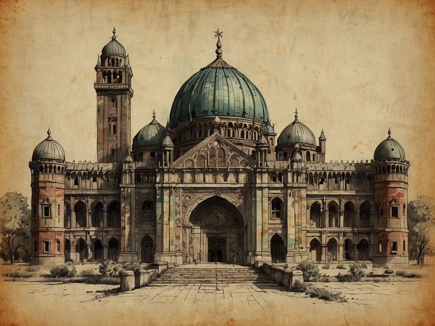 Auf dem Bild ist ein eindrucksvolles architektonisches Bauwerk zu sehen, das stark an historische Gebäude im orientalischen oder islamischen Stil erinnert. Die großen Kuppeln und kunstvoll gestalteten Türme sind charakteristisch für viele Kulturen des Nahen Ostens, wie beispielsweise die Moscheen in Istanbul oder die Paläste in Persien.

Die aufwändigen Verzierungen und der repräsentative Eingang vermitteln den Eindruck von historischer Bedeutung. Solche Gebäuden könnten kulturelle Highlights wie Moscheen, Paläste oder historische Verwaltungsgebäude sein, die oft zentrale Orte für religiöse, politische und gesellschaftliche Aktivitäten darstellen. 

In Anlehnung an den eindrucksvollen Stil könnte es sich um eine künstlerische Darstellung eines historischen Gebäudes handeln, das Teil eines kulturellen Erbes ist.