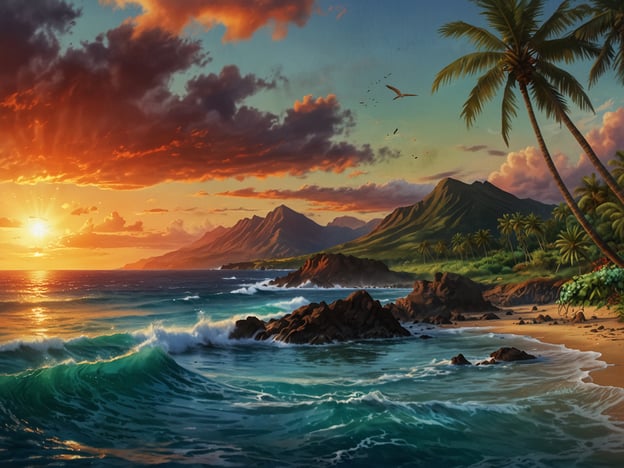 Auf dem Bild ist eine malerische Küstenlandschaft von Maui zu sehen. Der Sonnenuntergang färbt den Himmel in warmen Orangetönen, während die Wolken durch das Licht beleuchtet werden. Das Meer ist ruhig, mit sanften Wellen, die an den Strand prallen, und im Hintergrund erheben sich majestätische Berge. Palmen ragen am Ufer empor, was dem Szenario einen tropischen und idyllischen Charakter verleiht. Es vermittelt ein Gefühl von Ruhe und natürlicher Schönheit, typisch für die hawaiianische Insel Maui.