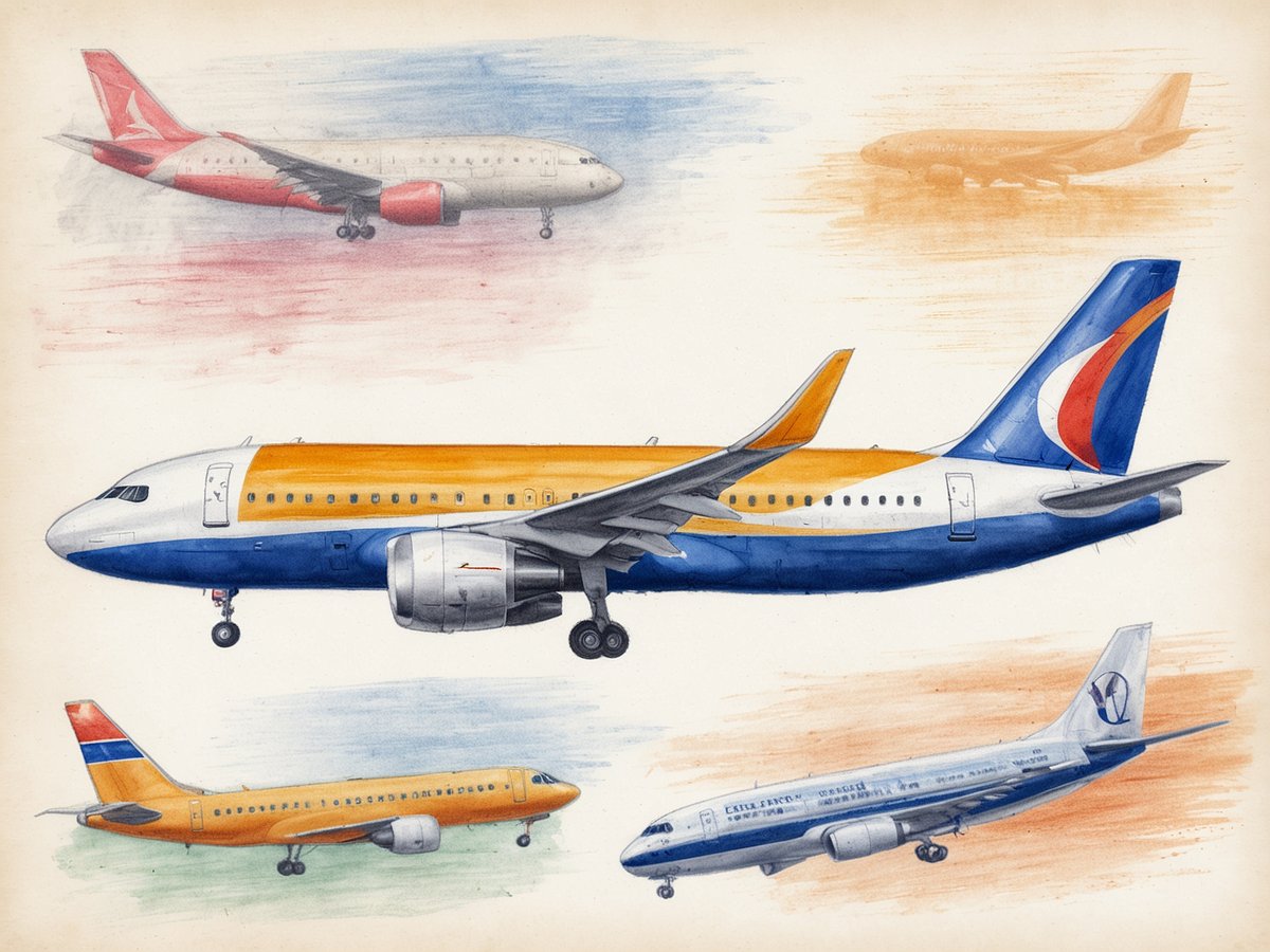 Mehrere Flugzeuge in verschiedenen Designs sind auf einem farbigen Hintergrund dargestellt. In der Mitte befindet sich ein Flugzeug in orange und blau, umgeben von weiteren Flugzeugen in rot, gelb und verschiedenen Farben. Die Flugzeuge sind schematisch gezeichnet und zeigen unterschiedliche Modelle und Airline-Looks, typisch für Billigairlines.