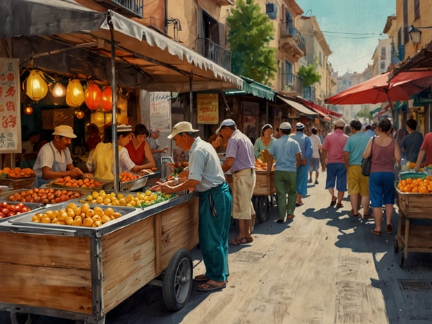 Auf dem Bild ist ein lebhafter Markt zu sehen, an dem Menschen frisches Obst und Gemüse kaufen. Die Stände sind mit bunten Früchten wie Orangen und Äpfeln bestückt, was auf eine reiche lokale Landwirtschaft hinweist. 

Solche Märkte sind oft kulturelle Zentren, wo sich die Gemeinschaft trifft, um frische Produkte zu erwerben und sich auszutauschen. In vielen Kulturen spielt das Einkaufen auf dem Markt eine wichtige Rolle in der sozialen Interaktion. In der lokalen Küche werden die frisch gekauften Zutaten häufig für traditionelle Gerichte verwendet, die den Charakter und die Aromen der Region widerspiegeln. Das Zusammenkommen auf dem Markt fördert nicht nur den Zugang zu lokalem Essen, sondern stärkt auch die Gemeinschaftsbindung.