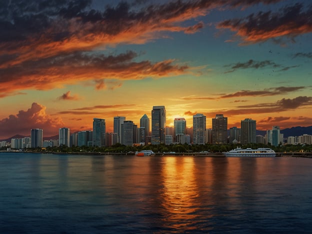 Das Bild zeigt eine malerische Skyline bei Sonnenuntergang. Die Wolken sind in verschiedenen Farben gefärbt, von Orange bis Blau, was eine sehr stimmungsvolle Atmosphäre erzeugt. Im Vordergrund ist das ruhige Wasser zu sehen, das das Licht der untergehenden Sonne reflektiert. Die Gebäude im Hintergrund scheinen Teil einer modernen Stadt zu sein, wahrscheinlich in einer urbanen Umgebung wie Honolulu. Der Anblick vermittelt ein Gefühl von Ruhe und Schönheit, typisch für tropische Orte.