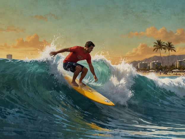 Auf dem Bild ist ein Surfer zu sehen, der in Waikiki auf einer Welle reitet. Der Surfer trägt ein rotes T-Shirt und hat ein gelbes Surfbrett. Im Hintergrund sind Palmen und Gebäude zu erkennen, was eine typische Kulisse für diesen berühmten Surfspot in Hawaii darstellt. Der Himmel hat schöne orangefarbene und blaue Töne, die auf einen sonnigen Tag hinweisen.