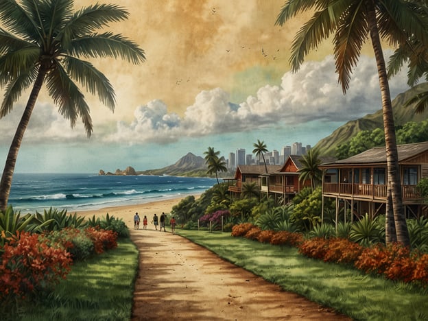 Auf dem Bild ist eine malerische Küstenlandschaft zu sehen, die die natürliche Schönheit und die entspannte Atmosphäre von Honolulu verkörpert. Im Vordergrund verläuft ein sandiger Weg, der von üppigen Pflanzen und bunten Blumen gesäumt ist. Vier Personen schlendern am Strand entlang, was eine friedliche, gemeinschaftliche Stimmung vermittelt. 

Im Hintergrund erstreckt sich der Ozean mit sanften Wellen, während die Wolken über den Himmel ziehen. Am Horizont sind die modernen Gebäude von Honolulu zu sehen, die einen spannenden Kontrast zur traditionellen, tropischen Umgebung bilden. Diese Szenerie spiegelt die Kultur von Honolulu wider, die sowohl Natur- als auch Stadtleben vereint und Besuchern eine Vielzahl von Erlebnissen in einer atemberaubenden Umgebung bietet.