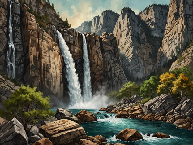 Im Yosemite Nationalpark, einem der most beeindruckendsten Naturschutzgebiete der USA, sind prächtige Wasserfälle und majestätische Felsen zu bewundern. Auf dem Bild sind zwei Wasserfälle zu sehen, die von hohen, schroffen Felsen umgeben sind. Das Wasser stürzt in ein klares, smaragdgrünes Gewässer, das von großen Steinen und üppigem Grün gesäumt wird. Die Szenerie strahlt Ruhe und Schönheit aus, typisch für die beeindruckenden Landschaften des Yosemite Nationalparks.