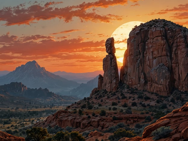 Auf dem Bild sind spektakuläre Felslandschaften zu sehen. Im Vordergrund ragen imposante Felsen auf, während im Hintergrund ein weite Berglandschaft zu erkennen ist. Die Sonne geht unter und taucht die Szenerie in warmes, orangefarbenes Licht, das die Formen der Felsen betont. Die Wolken am Himmel tragen ebenfalls zur dramatischen Stimmung bei und verstärken die natürliche Schönheit der Umgebung.