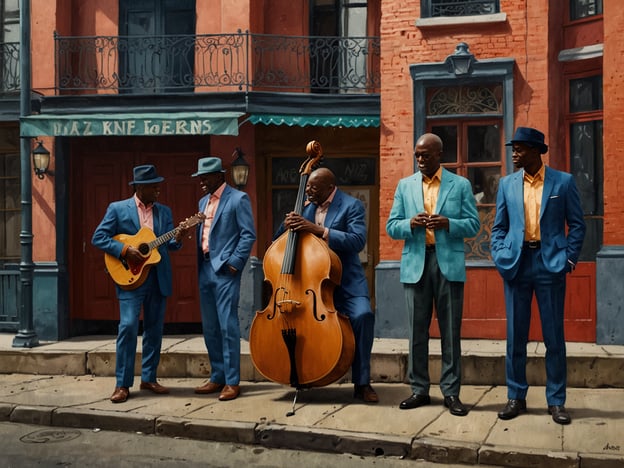 Auf dem Bild sind fünf Musiker zu sehen, die anscheinend auf der Straße in New Orleans auftreten. Sie tragen elegante Anzüge und scheinen sich auf ein musikalisches Darbietung vorzubereiten. Diese Szene spiegelt das reichhaltige kulturelle Erbe von New Orleans wider, das als Wiege des Jazz gilt. Die Stadt ist bekannt für ihre lebendige Musikszene, in der verschiedene Musikstile, insbesondere Jazz, verwurzelt sind. Die dargestellten Instrumente, darunter eine Gitarre und ein Kontrabass, sind charakteristisch für die Jazzmusik und zeigen die Tradition des gemeinsamen Musizierens in dieser Stadt.