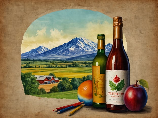 Auf dem Bild sieht man eine malerische Landschaft mit Bergen im Hintergrund, umgeben von Wiesen und einem Bauernhof. Vor der Landschaft sind zwei Flaschen Wein und eine Auswahl an Früchten, darunter ein Apfel und eine Orange, zu sehen. 

Wenn du Festivals suchst, die du nicht verpassen solltest, hier sind ein paar Vorschläge:

1. **Oktoberfest (München)** - Das berühmteste Bierfest der Welt, wo du bayerische Kultur und leckeres Essen genießen kannst.
2. **Weinfest (Bad Dürkheim)** - Ein Fest, das dem Wein gewidmet ist, ideal für Weinliebhaber.
3. **Erntedankfest** - Oft in ländlichen Regionen gefeiert, wo lokale Produkte und landwirtschaftliche Traditionen im Vordergrund stehen.
4. **Kirmes/Funfairs** - Diese finden das ganze Jahr über in vielen Städten statt und bieten Spaß und Festlichkeit für alle Altersgruppen.

Solche Festivals bieten eine großartige Gelegenheit, regionale Spezialitäten und die lokale Kultur zu entdecken!