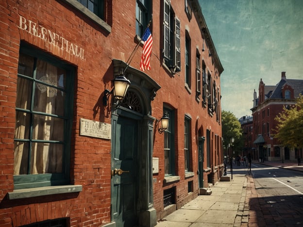 Auf dem Bild ist eine Straße mit alten roten Backsteinhäusern zu sehen, die typisch für die Architektur in Boston sind. Dies könnte in der Nähe des historischen Viertels Beacon Hill sein, das bekannt ist für seine künstlerischen Backsteinfassaden und gepflasterten Straßen. Die Elemente wie die amerikanische Flagge und die historischen Schilder deuten darauf hin, dass es sich um ein Gebiet mit viel Geschichte handelt. Solche Szenerien sind in Boston häufig anzutreffen, wo viele Gebäude aus dem 18. und 19. Jahrhundert erhaltenswert sind.