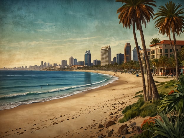 San Diego ist eine wunderschöne Stadt an der Westküste der USA, bekannt für ihr mildes Klima, atemberaubende Strände und eine lebendige Kultur. 

Auf dem Bild ist eine Küstenansicht von San Diego zu sehen. Im Vordergrund erstreckt sich ein breiter, sandiger Strand, der sanft von Wellen umspült wird. Hinter dem Strand erkennt man eine lebhafte Stadtsilhouette mit Hochhäusern und moderner Architektur. Palmen säumen den Strand und tragen zur tropischen Atmosphäre bei, während die blaue See und der klare Himmel das Gesamtbild abrunden. Die Elemente vermitteln ein Gefühl von Entspannung und Lebensfreude, das San Diego verkörpert.