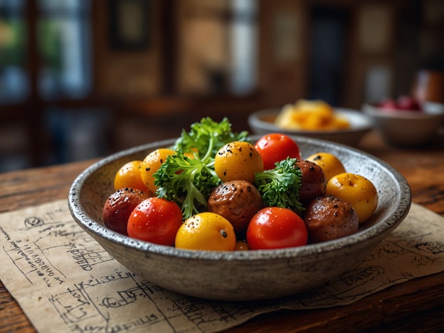 Auf dem Bild sind frische, bunte Tomaten und einige Kräuter in einer Schüssel zu sehen. Die Tomaten kommen in verschiedenen Farben, darunter rote, gelbe und braune Sorten, und sie sind mit etwas Pfeffer gewürzt. Diese Kombination bietet ein lebendiges und ansprechendes kulinarisches Highlight, das nicht nur lecker, sondern auch dekorativ ist. Ergänzt wird die Auswahl durch eine kleine Portion frischer Kräuter, die für zusätzlichen Geschmack sorgt.