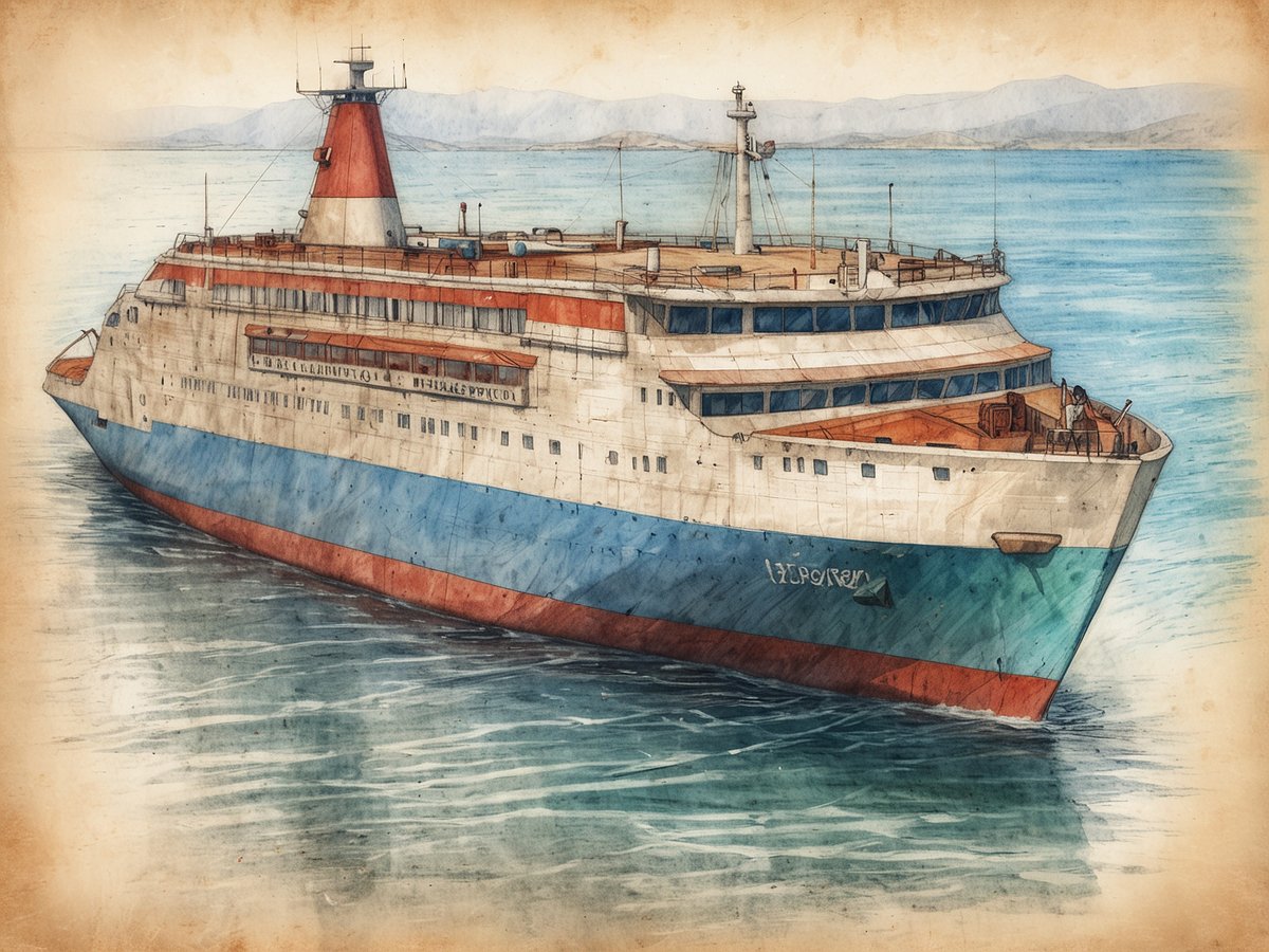 Eine Fähre ist auf dem Bild zu sehen, die in ruhigem Wasser schwimmt. Das Schiff hat eine markante rot-weiße und blaue Farbgestaltung. Es ist aus verschiedenen Perspektiven zu erkennen, dass sich mehrere Decks und Fenster an der Fähre befinden. Im Hintergrund sind sanfte Hügel und eine klare blaue Himmel zu sehen, was ein friedliches maritimes Umfeld schafft.