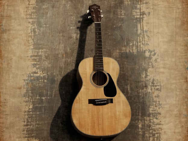 Auf dem Bild ist eine akustische Gitarre zu sehen. Sie ist aus hellem Holz gefertigt und hat eine klassische Form. Die Gitarre steht auf einem abgenutzten, strukturierten Hintergrund, was ihr ein rustikales und musikalisches Flair verleiht. Diese Art von Musikinstrument ist eng mit der Musiktradition von Nashville verbunden, die als Wiege der Country- und Folk-Musik bekannt ist.