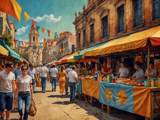 Auf dem Bild ist ein belebter Markt in einer Stadt zu sehen. Die Straßen sind gesäumt von bunten Ständen, die frische Lebensmittel und Produkte anbieten. Viele Menschen flanieren zwischen den Ständen, was eine lebendige und einladende Atmosphäre schafft. Die bunten Wimpel, die über die Straße gespannt sind, verleihen dem Ort ein festliches Flair. Die zahlreichen Stände und die Vielfalt an Waren spiegeln die lokale Kultur wider, in der Essen und Gemeinschaft eine zentrale Rolle spielen. Solche Märkte sind oft Treffpunkte für die Bewohner, wo Traditionen und soziale Interaktionen gepflegt werden.