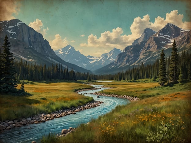 Der Glacier Nationalpark in Montana, USA, bietet beeindruckende Landschaften mit majestätischen Bergen, tiefen Tälern und kristallklaren Gewässern. Auf dem Bild ist eine malerische Flusslandschaft zu sehen, die von grünen Wiesen und dichten Wäldern umgeben ist. Im Hintergrund erheben sich hohe Berge, teilweise mit schneebedeckten Gipfeln, und der Himmel ist blau mit einigen weißen Wolken. Diese Szenerie spiegelt die natürliche Schönheit und die vielfältige Tier- und Pflanzenwelt des Parks wider, die Besucher aus der ganzen Welt anzieht.