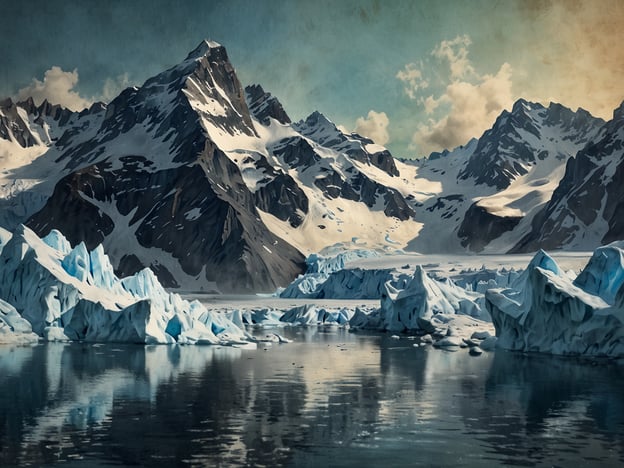 Auf dem Bild ist die atemberaubende Gletscherlandschaft zu sehen. Majestätische Berge sind mit Schnee bedeckt und spiegeln sich im ruhigen Wasser wider, während Eisformationen im Vordergrund das eindrucksvolle Naturpanorama ergänzen. Die Szenerie strahlt eine friedliche und erhabene Atmosphäre aus.