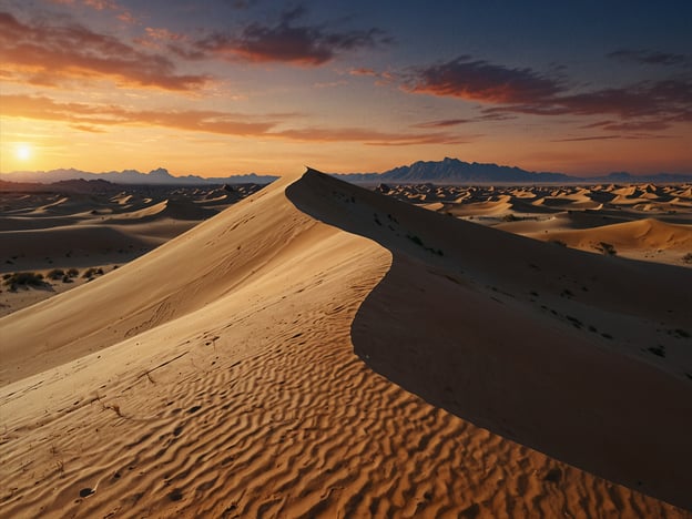 Auf dem Bild sind beeindruckende Wüstenlandschaften zu sehen. Die weichen Sanddünen formen sanfte Wellen unter dem warmen Licht des Sonnenuntergangs. Der Himmel ist mit Wolken verziert, die in verschiedenen Farben schimmern, während im Hintergrund felsige Berge sichtbar sind. Die gesamte Szenerie vermittelt ein Gefühl von Ruhe und Weite, das typisch für eine Wüstenlandschaft ist.