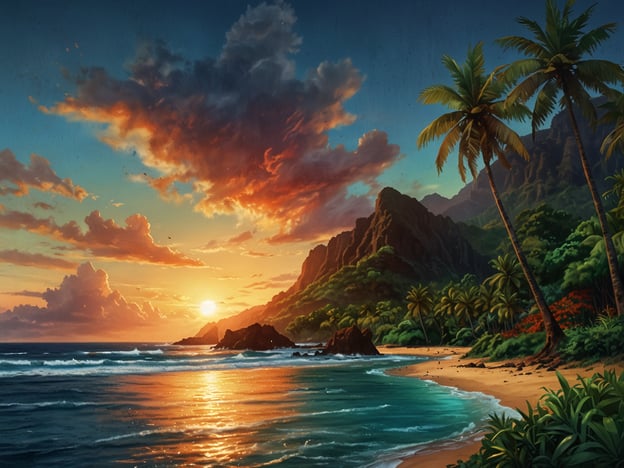 Das Bild zeigt eine wunderschöne Landschaft auf Kauai, einer der Hawaiischen Inseln. Man sieht einen malerischen Strand, der von sanften Wellen umspült wird, mit einem beeindruckenden Sonnenuntergang, der den Himmel in warmen Farben erleuchtet. Im Hintergrund erheben sich majestätische Berge, während Palmen das Bild im Vordergrund ergänzen. Diese Szenerie vermittelt ein Gefühl von Ruhe und tropischem Paradies, das Kauai so einzigartig macht.