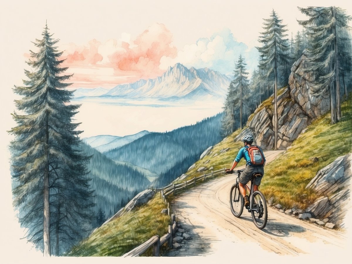 Ein Radfahrer fährt auf einem schmalen, kurvigen Weg durch eine bergige Landschaft mit dichten Nadelbäumen auf beiden Seiten. Im Hintergrund sind majestätische Berge und ein weites Tal zu sehen, das in sanften Farbtönen von Himmel und Wolken erleuchtet wird. Der Radfahrer trägt einen Helm und einen Rucksack und genießt die malerische Aussicht.