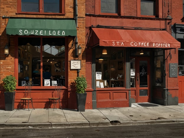 Auf dem Bild sind zwei Cafés in einer urbanen Umgebung zu sehen, die typische Kaffeekultur von Seattle widerspiegeln. Der rote Ziegelstein und die Schilder mit handgeschriebener Schrift verleihen dem Ort ein gemütliches, einladendes Ambiente, das in vielen Seattler Cafés zu finden ist. Die kleinen Pflanzen vor den Eingängen und die Stuhlreihen laden dazu ein, draußen zu sitzen und die Umgebung zu genießen. Die Kaffeekultur in Seattle ist bekannt für ihre Vielfalt und die Konzentration auf qualitativ hochwertige Kaffeezubereitung, was hier durch die Namen der Cafés angedeutet wird.