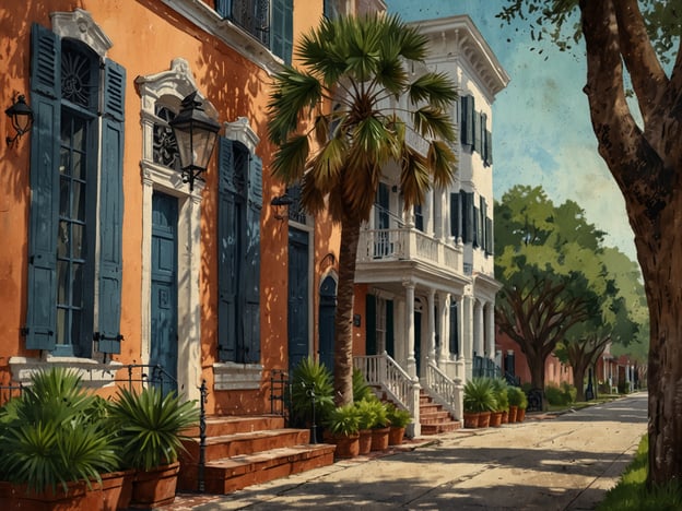 Auf dem Bild ist eine malerische Straßenszene aus Charleston zu sehen. Die Architektur zeigt typische Häuser mit bunten Fassaden, insbesondere in einem warmen Orangeton, und blauen Fensterläden. Die Treppen und das Geländer sind aus hellem Holz gestaltet, und die Straße ist von üppigem Grün umgeben, einschließlich Palmen und Pflanzen in Töpfen. Die Atmosphäre wirkt einladend und spiegelt den charmanten, historischen Charakter von Charleston wider, der bekannt für seine gut erhaltenen Gebäude und lebendige Kultur ist.