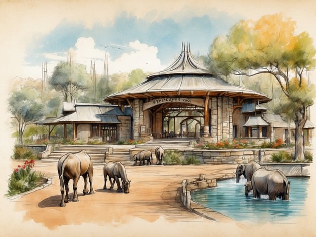 Auf dem Bild ist eine zeichnerische Darstellung eines Zoos zu sehen, die an den Opel-Zoo erinnert. Der Opel-Zoo, gegründet 1956, liegt in Oberursel und ist für seine naturnahen Gehege bekannt. In dieser Illustration sind mehrere Tiere, darunter Affen und Elefanten, sowie eine ansprechende Architektur des Eingangsbereichs zu sehen. Die Anlage ist von Bäumen und Pflanzen umgeben, die eine einladende Atmosphäre schaffen. Das Bild vermittelt den Eindruck eines lebhaften, gut gestalteten Zoos, der sowohl für Tiere als auch für Besucher ein angenehmer Ort ist.