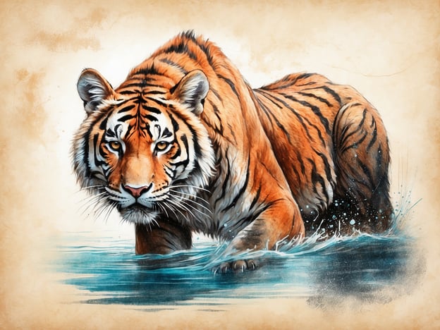 Auf dem Bild ist ein Tiger zu sehen, der im Wasser steht. Die Farben und Details des Tieres sind lebhaft dargestellt, mit seinen typischen orangefarbenen und schwarzen Streifen. Tiger sind majestätische Raubtiere und zählen zu den faszinierenden Arten, die oft in Zoos wie dem Opel-Zoo zu finden sind. Sie leben in der Regel in asiatischen Regionen und sind für ihre Stärke und Eleganz bekannt.