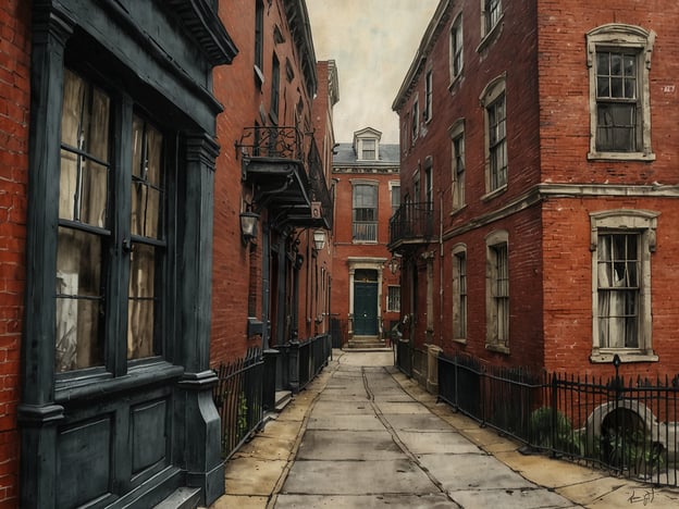 Auf dem Bild sieht man eine enge Gasse, die von roten Backsteingebäuden gesäumt ist. Die Gebäude haben charakteristische Fenster und einige Balkone, die dem historischen Stil der Architektur in Philadelphia entsprechen. Solche Gassen sind typisches Element der Stadt und spiegeln die Bauweise des 19. Jahrhunderts wider, als Philadelphia eine der am schnellsten wachsenden Städte in den USA war. Die Gasse vermittelt ein Gefühl für die historische Atmosphäre und Entwicklung der Stadt, die reich an Kulturerbe und Geschichte ist. Die warmen Farben des Ziegels und die Details der Fenster und Türen erwecken einen nostalgischen Blick in die Vergangenheit.