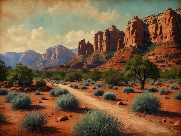 Auf dem Bild ist eine malerische Landschaft zu sehen, die an die beeindruckenden Naturschönheiten von Sedona, Arizona, erinnert. Die Szenerie wird von roten Felsen und steilen Klippen dominiert, die typisch für diese Region sind. Der Boden ist von warmen, erdigen Farben geprägt und wird von grünen Sträuchern und Pflanzen durchzogen. Im Hintergrund sieht man Berge und einen klaren Himmel mit ein paar Wolken, was die friedliche und zugleich beeindruckende Atmosphäre der Umgebung verstärkt. Die Landschaft spiegelt die Schönheit der Natur und den besonderen Charme von Sedona wider, das bekannt ist für seine spirituelle Energie und seine atemberaubenden Ausblicke.