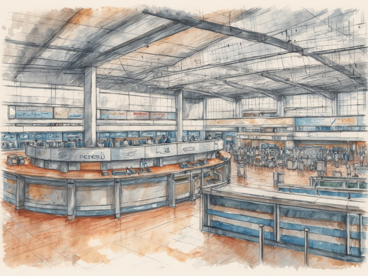 Das Bild zeigt das Innere eines Flughafen Terminals mit einer großen, runden Empfangs- und Check-in-Theke im Vordergrund. Es sind mehrere Mitarbeiter und Reisende zu sehen, die sich um die Theke gruppieren. Im Hintergrund sind mehrere Displays mit Fluggesellschaften und Informationen sichtbar, während große Fenster viel Tageslicht hereinlassen. Der Boden ist mit hellen Fliesen ausgelegt und die Decke ist hoch, was eine offene Atmosphäre schafft. Die Gestaltung wirkt freundlich und einladend.