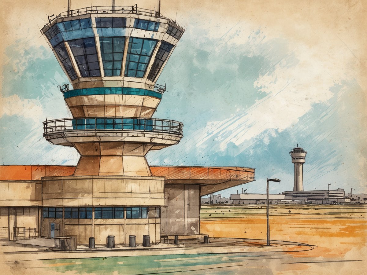 Eine künstlerische Darstellung eines Flughafen Towers, der sich im Vordergrund befindet. Der Tower hat eine moderne Architektur mit großen Fenstern und einem ausgedehnten Balkon. Im Hintergrund ist ein weiterer Flughafen Tower zu sehen, der kleiner wirkt, sowie eine leicht eingerahmte Landschaft mit einem klaren blauen Himmel und einigen Wolken. Die Farbpalette besteht aus sanften Erdtönen und Blautönen, die dem Bild ein nostalgisches Gefühl verleihen.