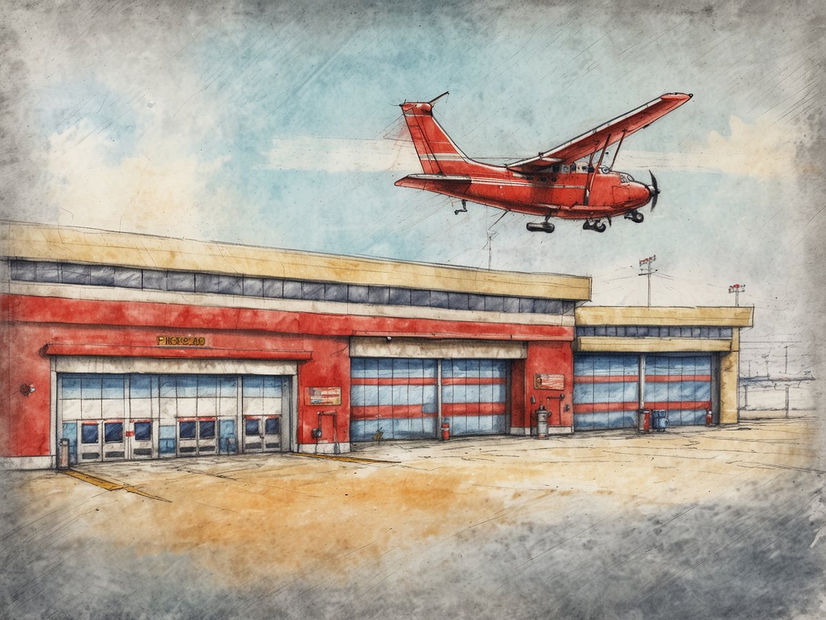 Ein rotes Flugzeug fliegt über ein Feuerwehrgebäude am Flughafen. Das Gebäude hat eine gelbe und rote Fassade mit großen, verglasten Garagentoren. Auf dem Dach sind mehrere Fahrlichter sichtbar. Im Hintergrund erstreckt sich ein klarer Himmel mit wenigen Wolken. Die Umgebung scheint asphaltierte Flächen zu haben, die zur Landebahn gehören.