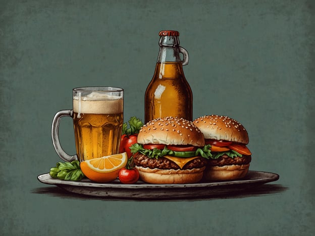 Auf dem Bild sind zwei Hamburger, ein Glas Bier und eine Flasche Bier zu sehen, zusammen mit einigen Beilagen wie Salat, Tomaten und einer Orangenscheibe. 

In Denver sind kulinarische Highlights, die dazu passen, unter anderem die lokalen Craft-Biere, die in vielen Brauereien erhältlich sind, und die berühmten Green Chili Burgers, die für ihren würzigen Geschmack bekannt sind. Außerdem gibt es eine Vielzahl von Food Trucks, die kreative Burgervariationen und frische Zutaten anbieten, was das Essen in der Stadt vielseitig und spannend macht.