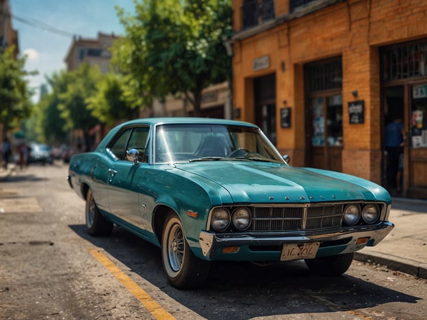 Auf dem Bild ist ein klassischer, türkisfarbener Oldtimer zu sehen, der auf einer belebten Straße geparkt ist. Die Architektur im Hintergrund zeigt eine warme Fassadenfarbe und ist von Bäumen gesäumt, was der Szene eine einladende Atmosphäre verleiht. Die ganze Stimmung wirkt entspannt und nostalgisch, typisch für eine kreative und lebendige Stadt wie Portland. Es scheint, als könnten hier Kunst, Kultur und Gemeinschaft wunderbar miteinander harmonieren.