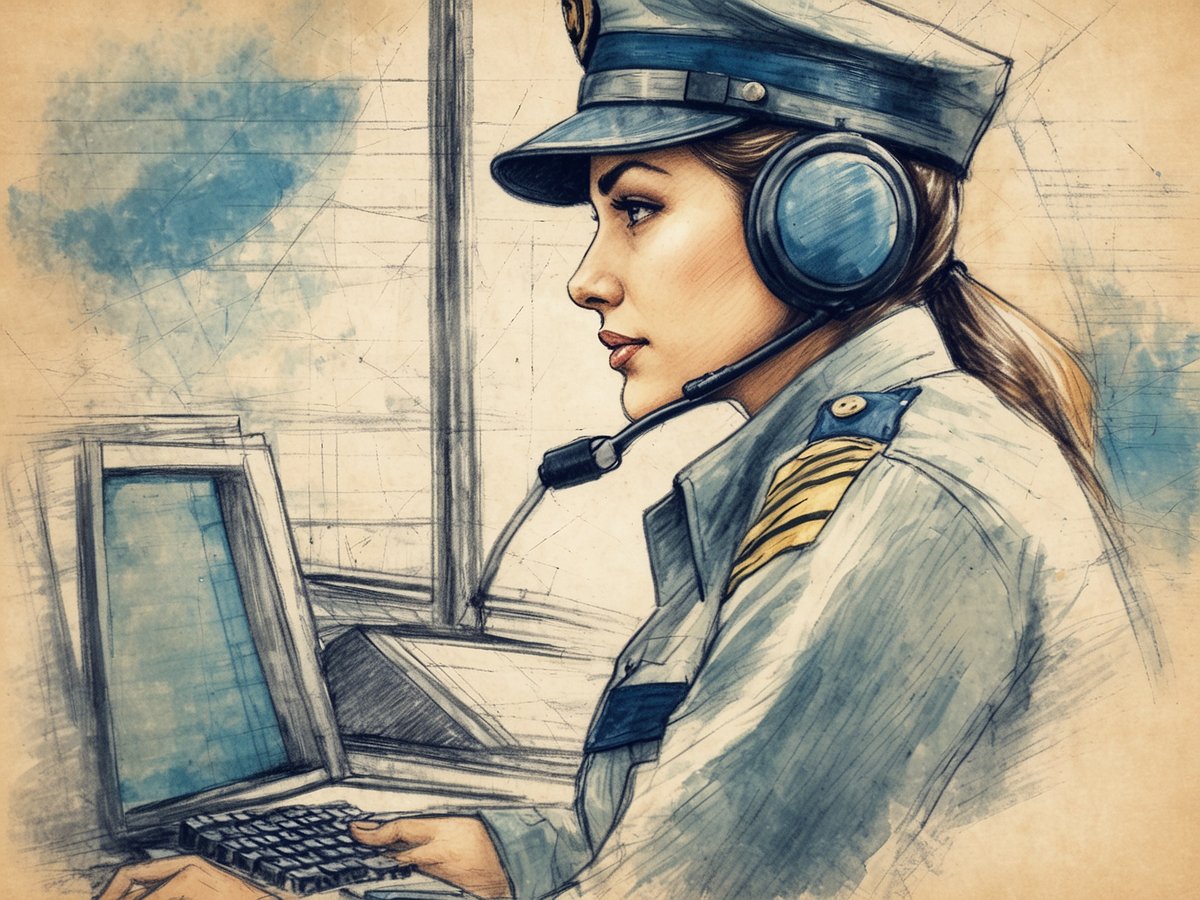 Eine Frau im Fluglotsenuniform sitzt an einem Schreibtisch und schaut konzentriert auf einen Computerbildschirm. Sie trägt ein Headset und hat ihre Haare zurückgebunden. Im Hintergrund sind Teile einer Kontrolltür zur Luftfahrt zu sehen, und die Farbpalette des Bildes ist weich und skizzenhaft mit blauen und beigen Tönen.