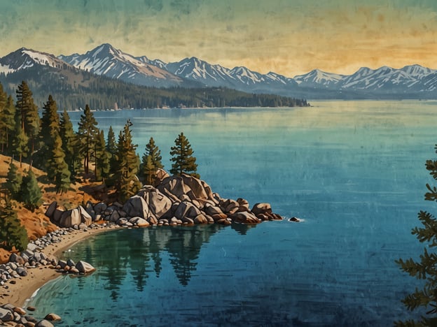 Lake Tahoe ist ein malerischer Gebirgssee an der Grenze von Kalifornien und Nevada und bekannt für seine atemberaubende Landschaft und vielseitigen Freizeitmöglichkeiten. 

Auf dem Bild ist eine schöne Landschaft zu sehen, die den Lake Tahoe darstellt. Im Vordergrund erkennt man eine Küstenlinie mit glitzerndem klaren Wasser, umgeben von Felsen und Bäumen. Im Hintergrund erheben sich majestätische Berge, die mit Schnee bedeckt sind. Der Himmel zeigt sanfte Farben, die auf eine friedliche Abendstimmung hindeuten. Diese Szenerie fängt die natürliche Schönheit und die ruhige Atmosphäre von Lake Tahoe perfekt ein.