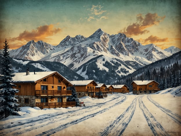 Auf dem Bild ist eine verschneite Winterlandschaft mit Holzhütten zu sehen, umgeben von majestätischen Bergen. Die Szene vermittelt eine gemütliche Atmosphäre, die perfekt zum Skifahren am Lake Tahoe passt. Die schneebedeckten Wege und die umliegende Natur laden zu Aktivitäten im Freien ein, während die Hütten einen idealen Rückzugsort nach einem Tag auf den Pisten bieten.