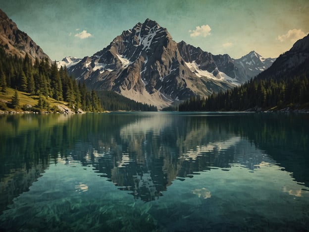 Auf dem Bild sind malerische Bergseen zu sehen, umgeben von majestätischen Bergen und dichten Wäldern. Das Wasser spiegelt die umliegenden Landschaften wider, wodurch eine harmonische und ruhige Atmosphäre entsteht. Die Berge sind teilweise mit Schnee bedeckt, und der Himmel zeigt einige Wolken, die dem Bild eine besondere Tiefe verleihen.