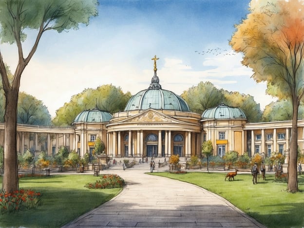 Das Bild zeigt eine architektonische Darstellung eines Gebäudes in einem parkähnlichen Umfeld, möglicherweise eine historische oder kunstvolle Szene, die an einen Zoologischen Garten erinnert. In der Geschichte des Zoologischen Gartens Augsburg, der 1939 eröffnet wurde, spielten die Gebäude und die Gestaltung der Anlage eine zentrale Rolle. Der Zoo hat eine lange Tradition in der Pflege und Präsentation von Tieren sowie der Bildung der Öffentlichkeit über Tierarten und Naturschutz.

Die Architektur des dargestellten Gebäudes könnte an die ursprünglichen Strukturen erinnern, die oft kunstvoll gestaltet sind und eine Verbindung zwischen Natur und Kultur symbolisieren. Solche Einrichtungen sind wichtige Orte für Bildung und Erholung und bieten Familien und Besuchern die Möglichkeit, die Vielfalt der Tierwelt zu erleben.