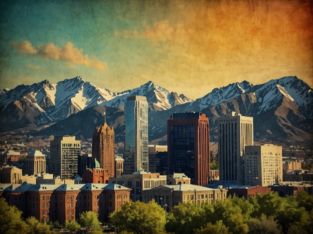 Das Bild zeigt eine beeindruckende Aussicht auf die Skyline von Salt Lake City, Utah, mit den majestätischen Rocky Mountains im Hintergrund. Die Stadt ist bekannt für ihre Kombination aus urbaner Architektur und natürlicher Schönheit. In der Skyline sind verschiedene Gebäude zu erkennen, darunter sowohl historische als auch moderne Wolkenkratzer. Die schneebedeckten Berge verleihen dem Szenenbild eine besondere Atmosphäre und betonen die Lage der Stadt zwischen Natur und städtischem Leben. Salt Lake City ist zudem für seine vielseitige Kultur und Geschichte bekannt.