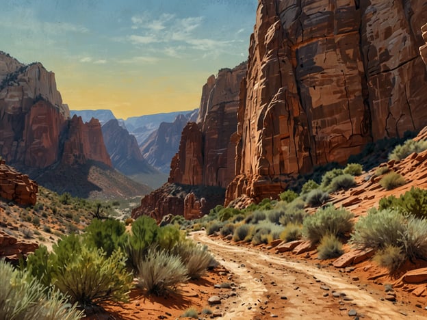 Auf dem Bild ist eine beeindruckende Landschaft mit hohen, steilen Felsen und sanften Hügeln zu sehen, die typisch für den Zion Nationalpark sind. Der Weg führt durch eine trockene, wüstenartige Umgebung, gespickt mit Sträuchern und Pflanzen. Die warmen Farben des Sonnenuntergangs verleihen der Szene eine malerische Atmosphäre. Diese unvergessliche Wanderung durch den Zion Nationalpark bietet eine einzigartige Möglichkeit, die natürliche Schönheit und das majestätische Szenario der Umgebung zu erleben.