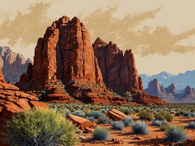 Das Bild zeigt eine beeindruckende Landschaft des Zion Nationalparks, charakterisiert durch majestätische rote Felsen und eine trockene, wüstenartige Umgebung. In der Natur sind typische Pflanzen des Südwestens der USA zu sehen, wie Sträucher und Gräser, die sich gut an die trockenen Bedingungen angepasst haben.

In dieser Region leben auch verschiedene Tierarten, darunter verschiedene Vogelarten wie den Roten Schwanzbussard und kleinere Säugetiere wie das Wüstenkaninchen. Die Kombination aus beeindruckenden Felsformationen und vielfältiger Flora und Fauna macht den Zion Nationalpark zu einem einzigartigen Lebensraum in der Natur.