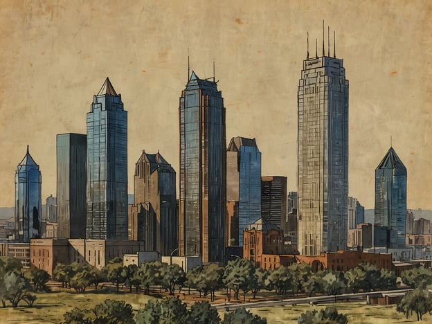 Auf dem Bild ist die Skyline von Dallas zu sehen, die durch eine Vielzahl von architektonischen Stilen geprägt ist. Die hohe, moderne Glasarchitektur der Wolkenkratzer steht in Kontrast zu historischen Gebäuden, was die Stadt zu einem spannenden Beispiel für das Zusammenspiel von Tradition und Moderne macht. Die unterschiedlichen Formen und Höhen der Gebäude erzeugen ein dynamisches Stadtbild, das den Charakter von Dallas unterstreicht. Die grünen Flächen im Vordergrund bieten zudem einen schönen Kontrast zur urbanen Umgebung.