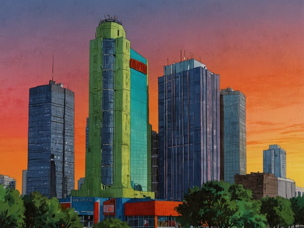 Auf dem Bild ist eine stilisierte Darstellung der Skyline von Houston zu sehen. Besonders auffällig ist ein hohes, grün gefärbtes Gebäude in der Mitte, umgeben von moderner Architektur in verschiedenen Blautönen. Der Sonnenuntergang sorgt für eine ansprechende Farbpalette mit warmen Farbtönen im Hintergrund. Diese Art von Umsetzung vermittelt ein urbanes und lebhaftes Stadtbild, das typisch für Houston ist, eine der größten Städte der USA, bekannt für ihre vielfältige Wirtschaft und Kultur.